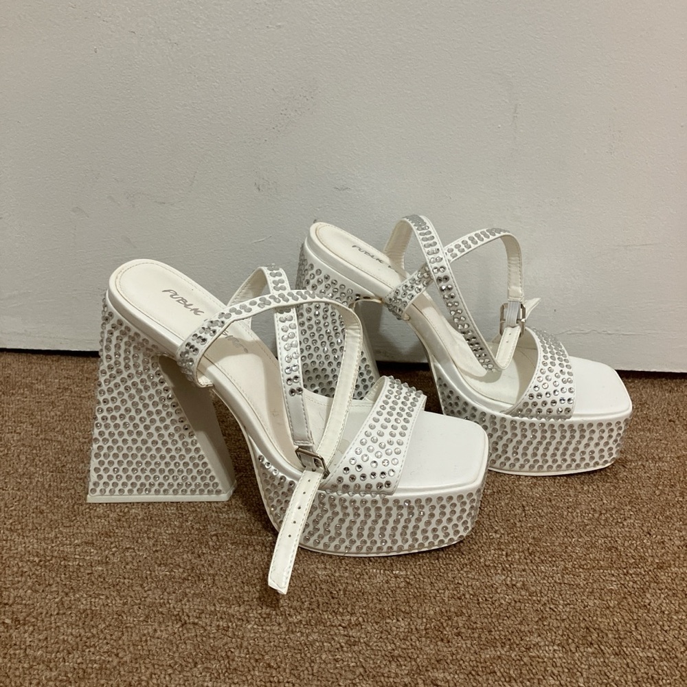 White Platform Heels with Rhinestone Accents